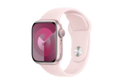 Pink Apple Watch with a matching band.