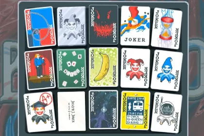 A collection of colorful Joker cards from the game Balatro.