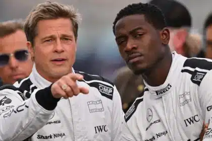 Brad Pitt and co-star in racing suits for the film 'F1'.