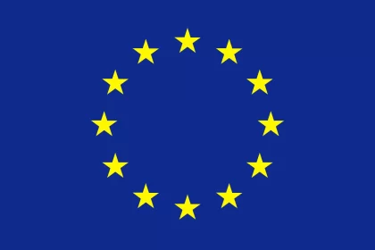 EU flag with yellow stars on a blue background.