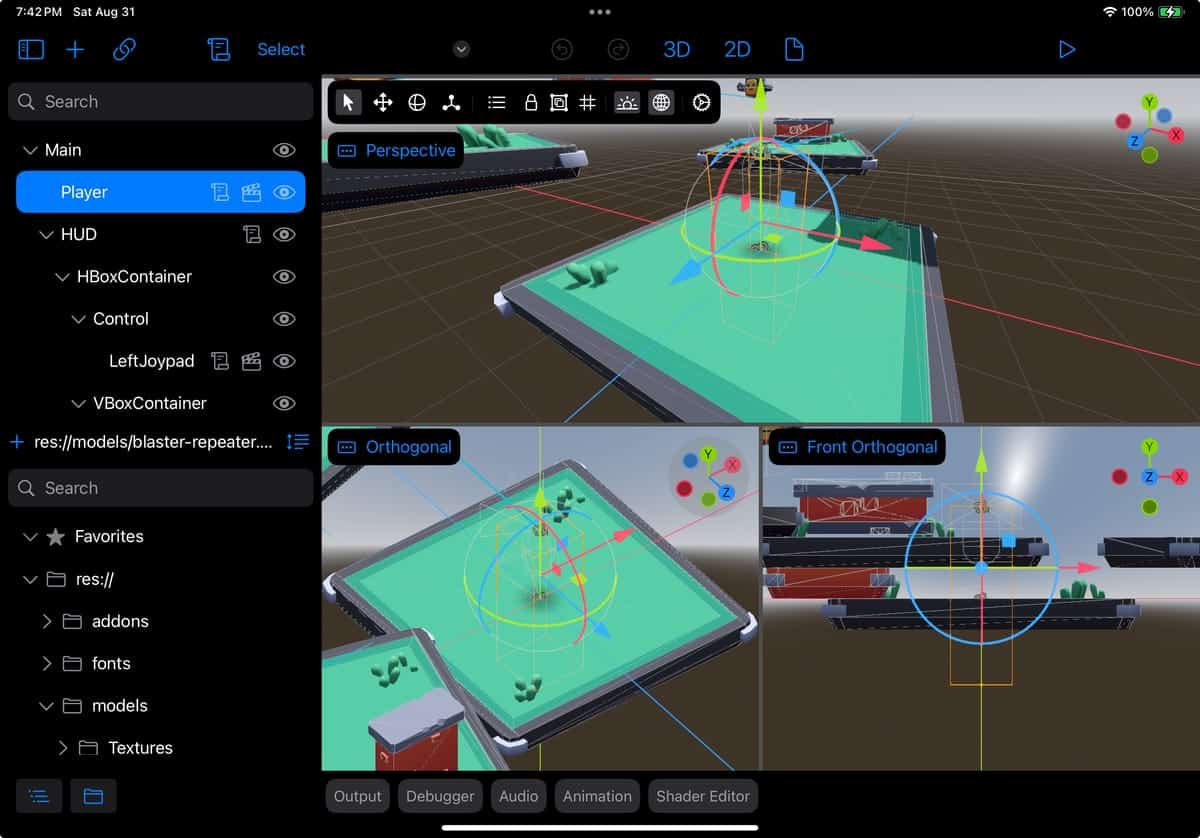 Godot game engine interface running on an iPad.