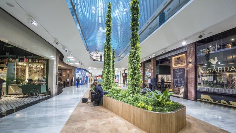 A modern shopping area with greenery at the Mall of Scandinavia.