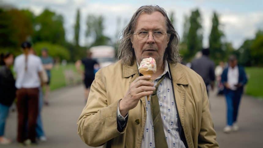 Gary Oldman as Jackson Lamb in "Slow Horses," holding an ice cream cone.