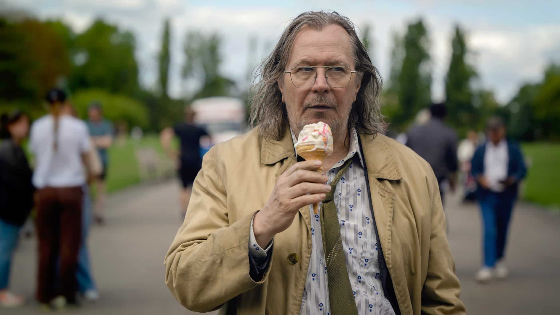 Gary Oldman as Jackson Lamb in "Slow Horses," holding an ice cream cone.