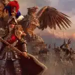 Epic Total War battle scene with soldiers and a giant eagle.