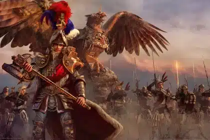 Epic Total War battle scene with soldiers and a giant eagle.