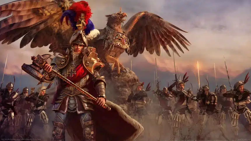 Epic Total War battle scene with soldiers and a giant eagle.