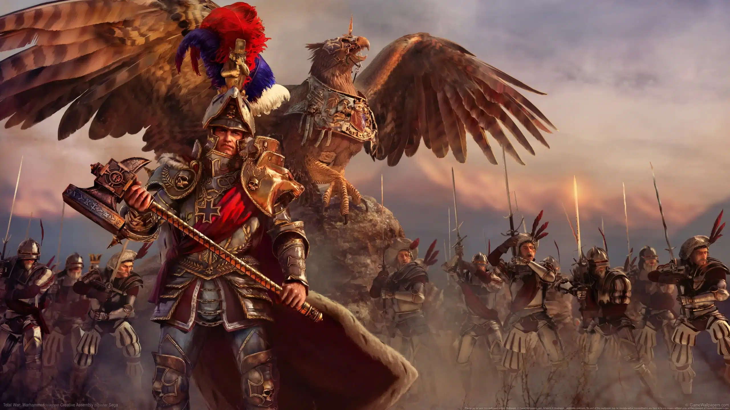 Epic Total War battle scene with soldiers and a giant eagle.