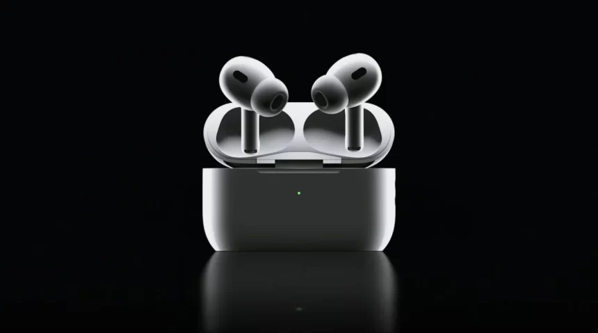 AirPods Pro 2 in charging case, on a black background.