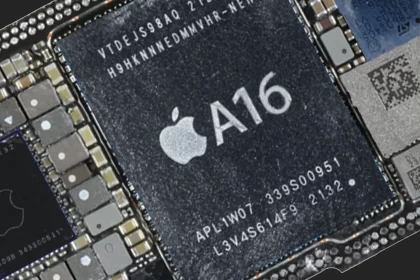 Close-up image of an Apple A16 chip on a circuit board.