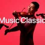 Musicians playing violins with the Apple Music Classical logo displayed.