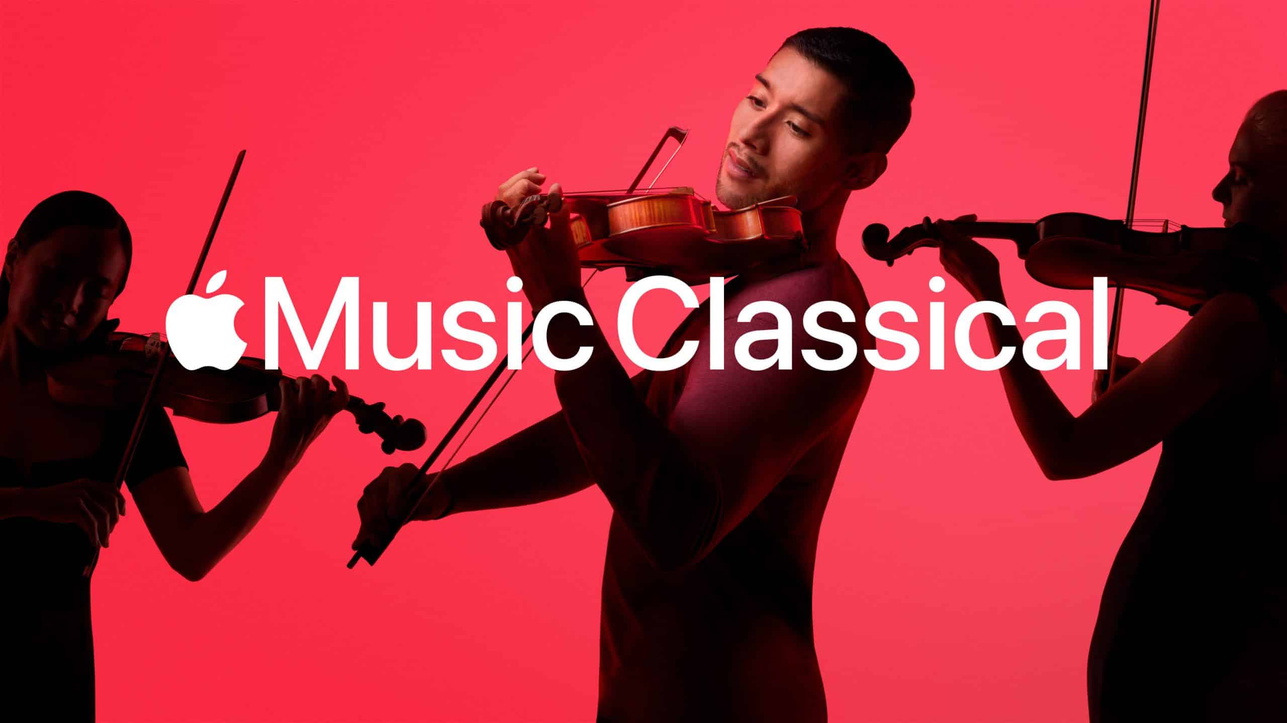 Musicians playing violins with the Apple Music Classical logo displayed.