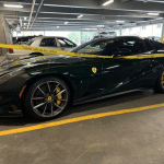 Recovered stolen Ferrari 812 GTS wrapped in police tape.