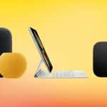 Apple HomePod, iPad, and Apple TV remote on a yellow background.