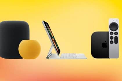 Apple HomePod, iPad, and Apple TV remote on a yellow background.