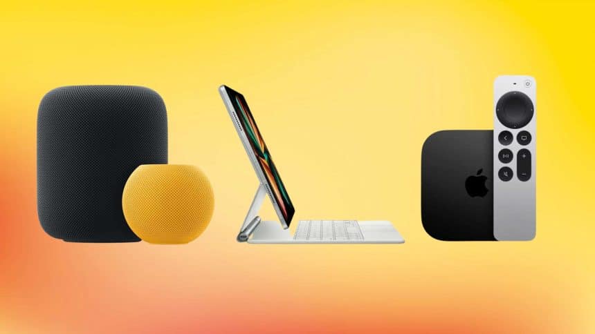 Apple HomePod, iPad, and Apple TV remote on a yellow background.