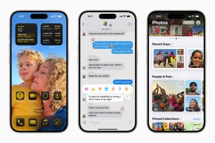 Three iPhones displaying iOS 18 home screen, messages, and Photos app.