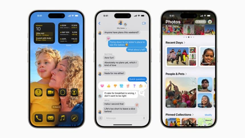 Three iPhones displaying iOS 18 home screen, messages, and Photos app.