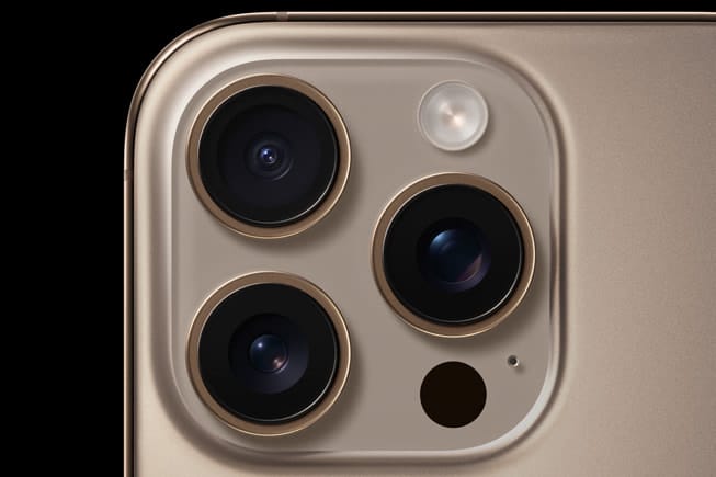 Close-up of the iPhone 16 Pro Max camera.