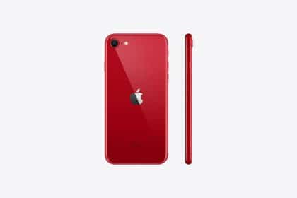 Red iPhone SE displayed from the back and side.