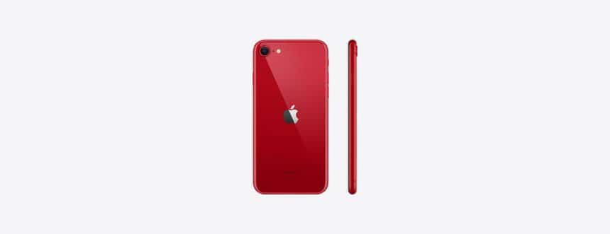 Red iPhone SE displayed from the back and side.