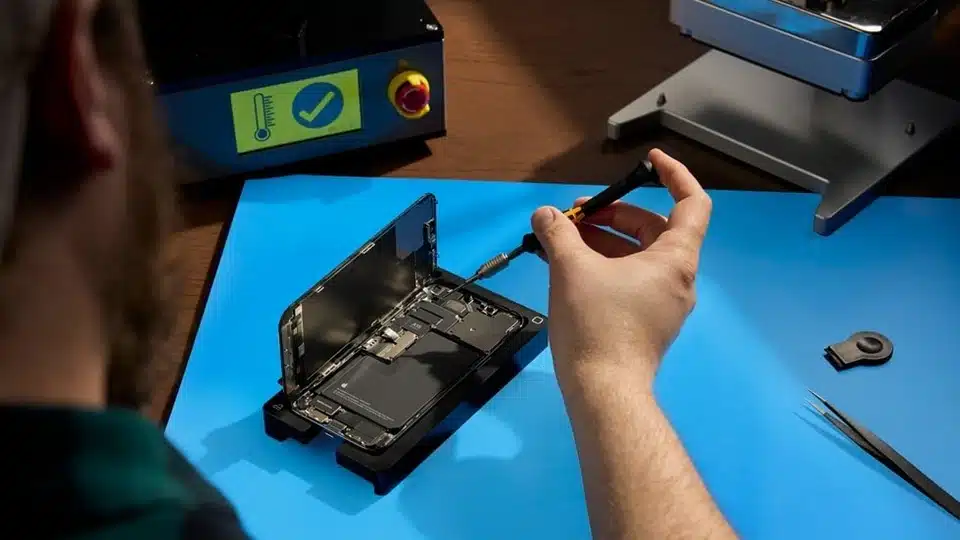 Person repairing an iPhone using tools on a workbench.