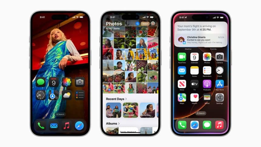 Three iPhones displaying iOS 18 interface.