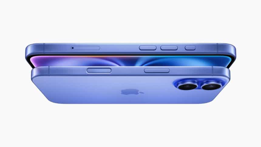 iPhone 16 Plus in blue design and dual rear cameras.