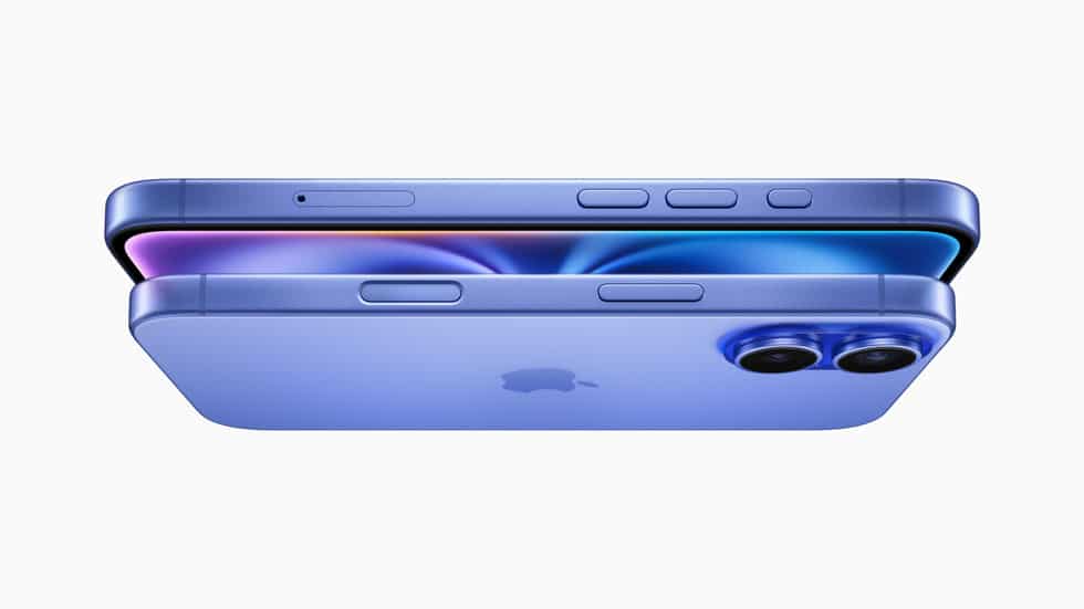 iPhone 16 Plus in blue design and dual rear cameras.