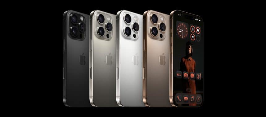 iPhone 16 Pro models in different colours, showcasing design and cameras.