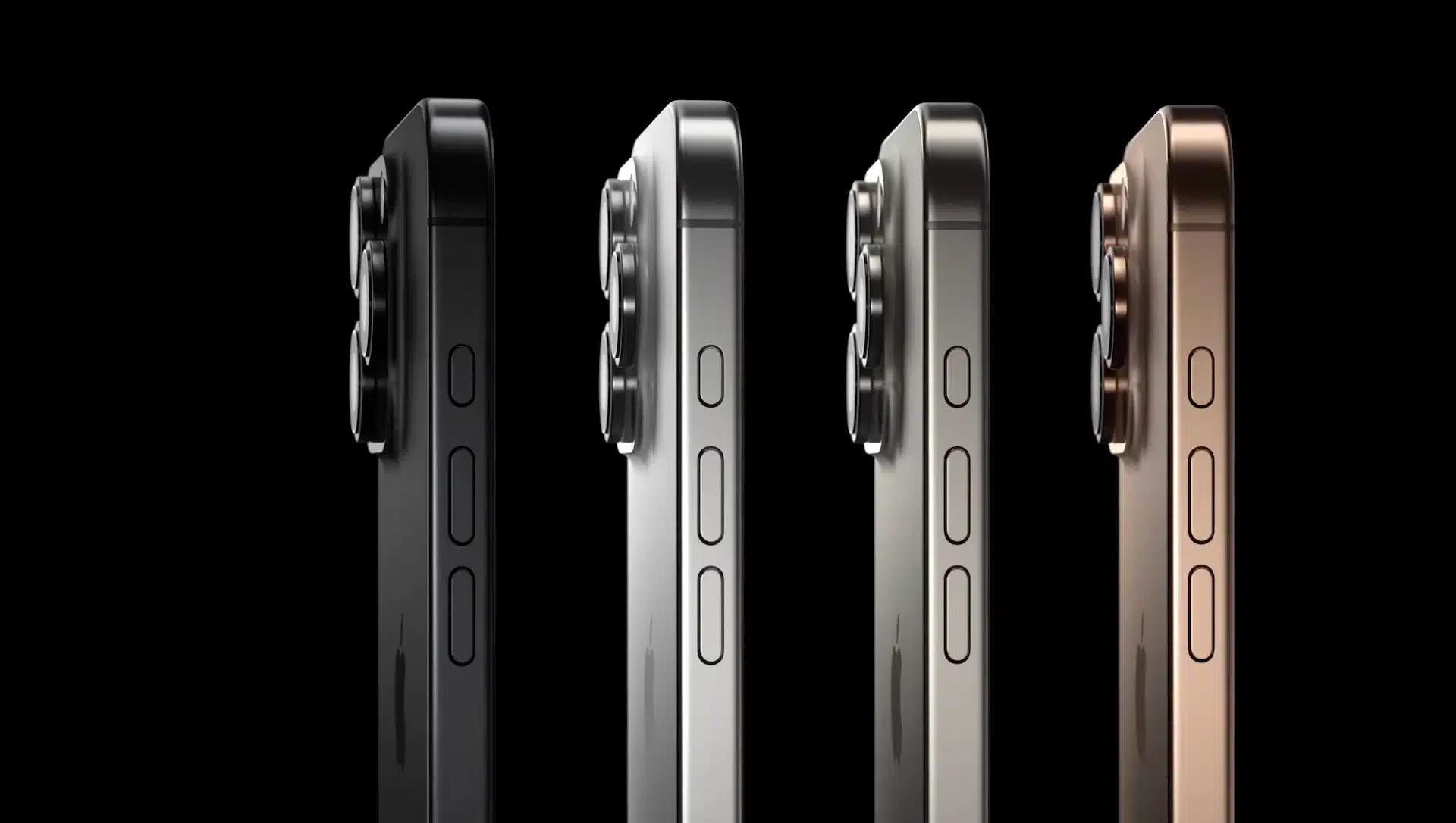 Side view of four iPhone 16 Pro models in different colors.