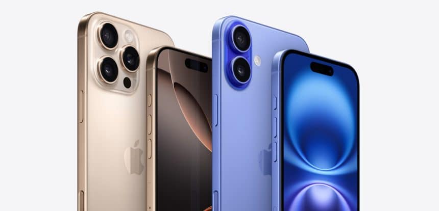 Three iPhone 16 models in gold, black, and blue displayed side by side.