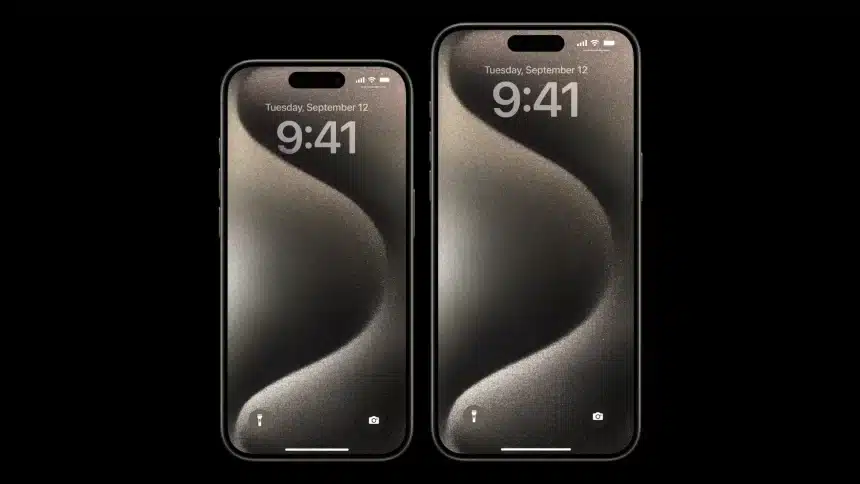 Two iPhone 16 models displayed side by side with a lock screen.