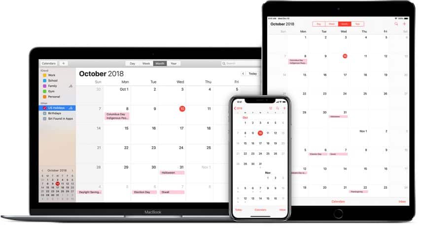 The macOS calendar app on MacBook, iPhone, and iPad.