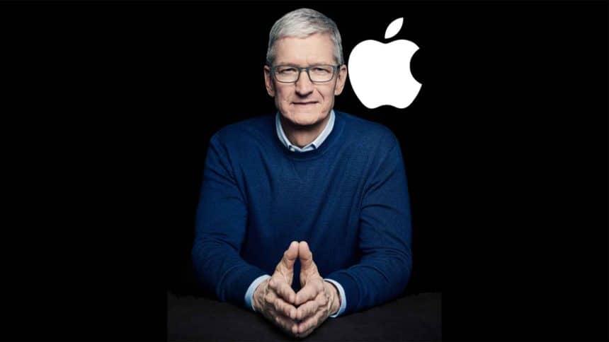 Apple CEO Tim Cook with the Apple logo in the background.