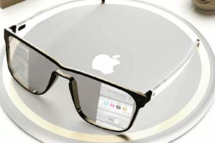 Concept image of Apple smart glasses with digital display.