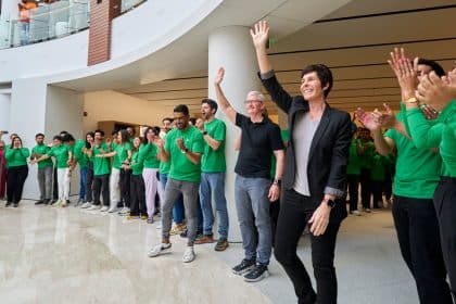 Apple team celebrating store opening in India.