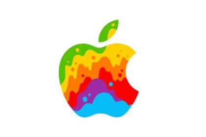 Colorful Apple logo with abstract design elements.