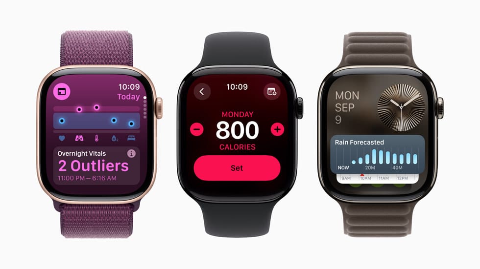 Three Apple Watches showing health, activity, and weather on watchOS 11.