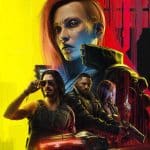 Cyberpunk 2077 characters on a yellow and red background.