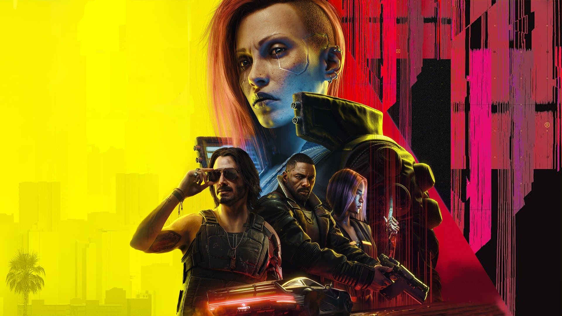 Cyberpunk 2077 characters on a yellow and red background.