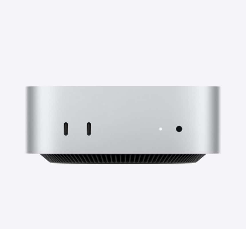 Front view of M4 Mac mini with USB-C ports.