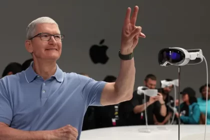 Tim Cook at an Apple event showcasing Apple Vision Pro.