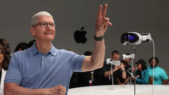 Tim Cook at an Apple event showcasing Apple Vision Pro.