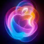 Colourful Apple logo with a glowing effect.