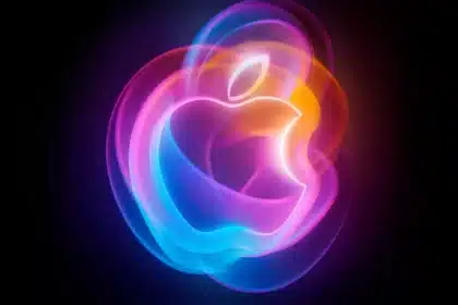 Colourful Apple logo with a glowing effect.