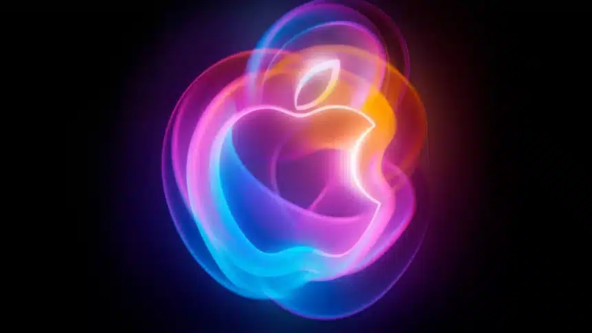 Colourful Apple logo with a glowing effect.