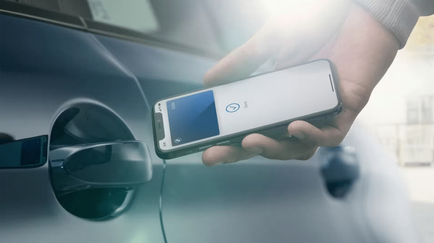 Apple Car Key unlocking a car with an iPhone.