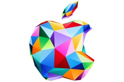 Colourful, geometric Apple logo.