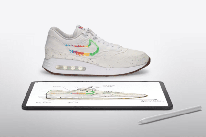 Custom Nike shoe and digital sketch on tablet.